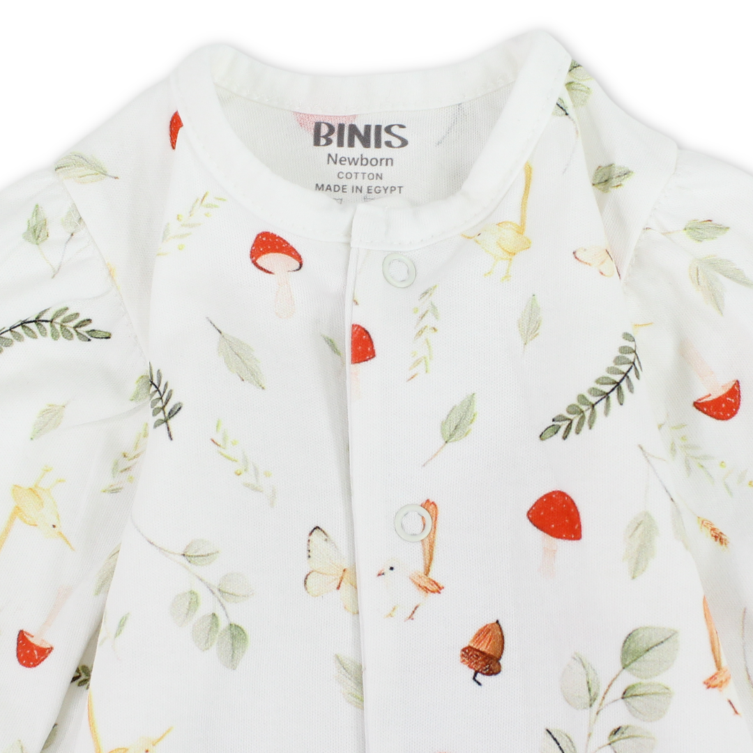 Baby Girls Cotton Footless Onesie – Off-White with Mushroom & Leaves Print
