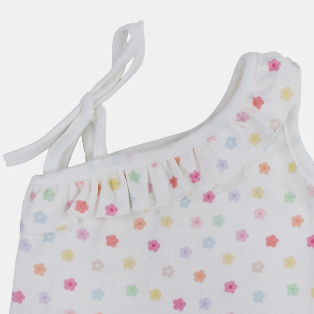 Baby Girls Cotton Romper – Off-White with Floral Print