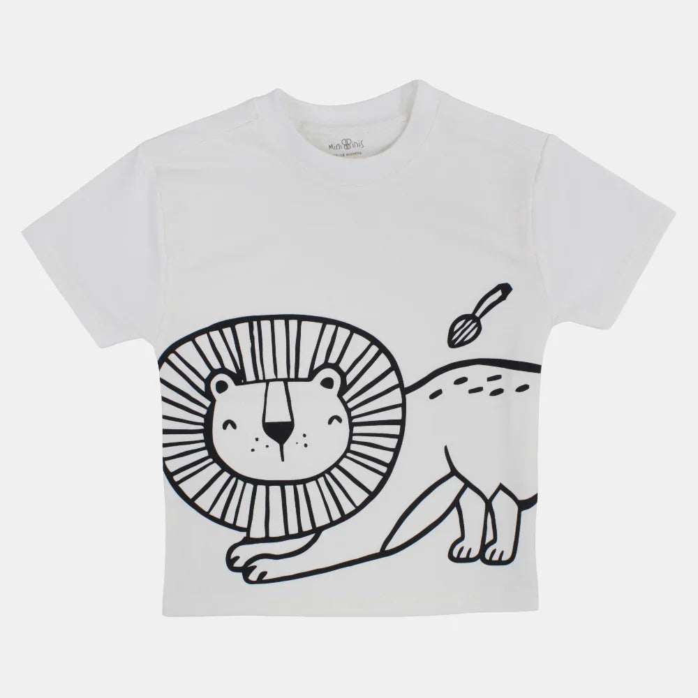 Boys Cotton T-Shirt – Off-White with Lion Print