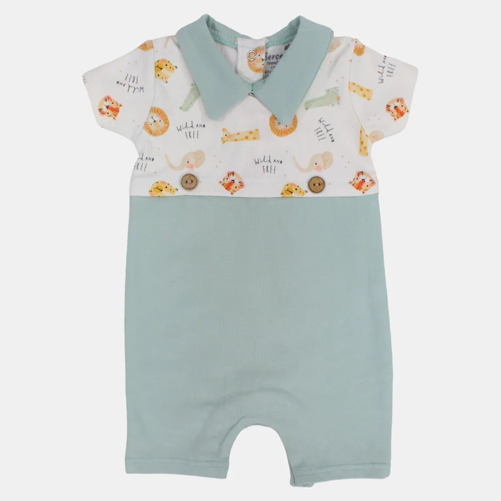Baby Boys Cotton Romper – Off-White & Mint with Animal Print