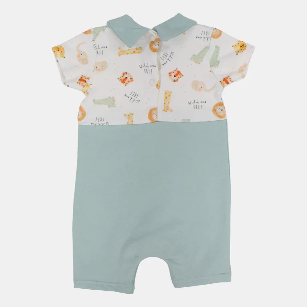Baby Boys Cotton Romper – Off-White & Mint with Animal Print