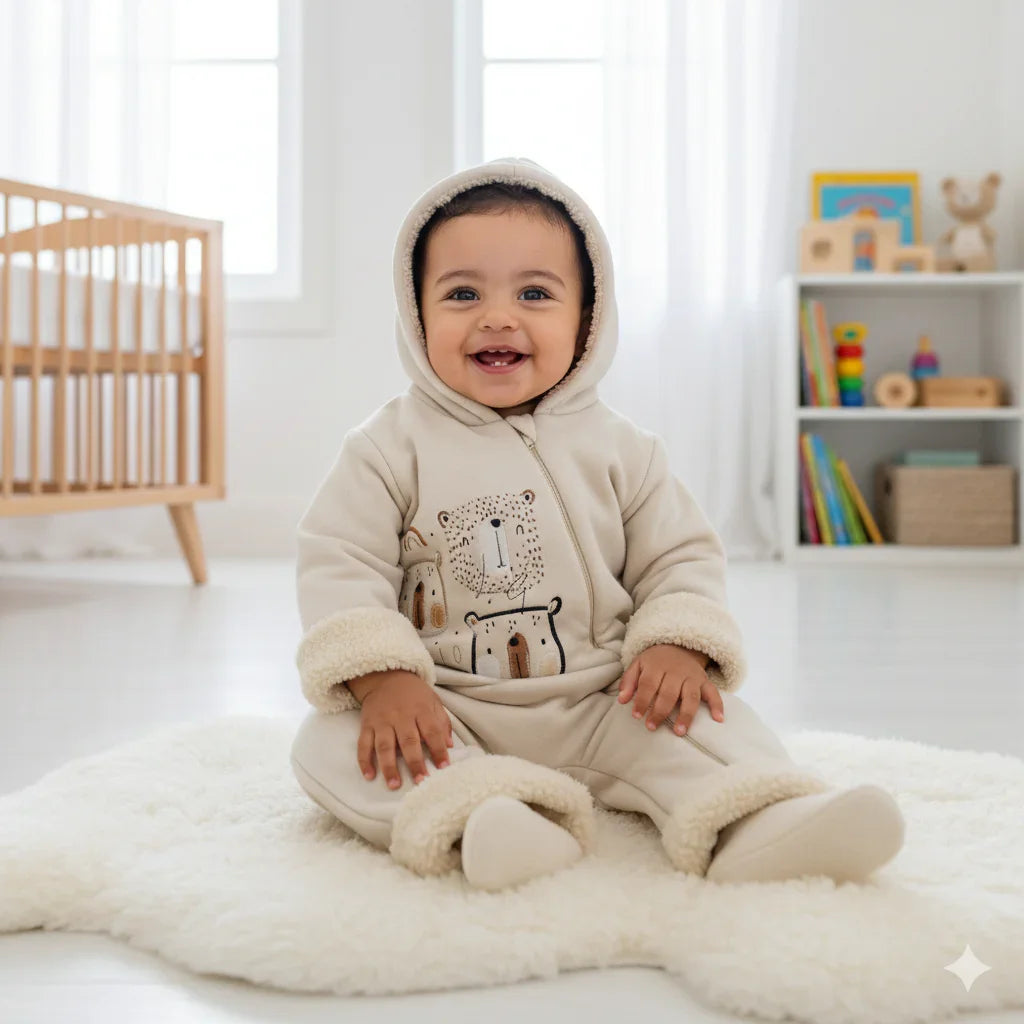 Baby Boys Hooded Overall - Beige with Animals Print