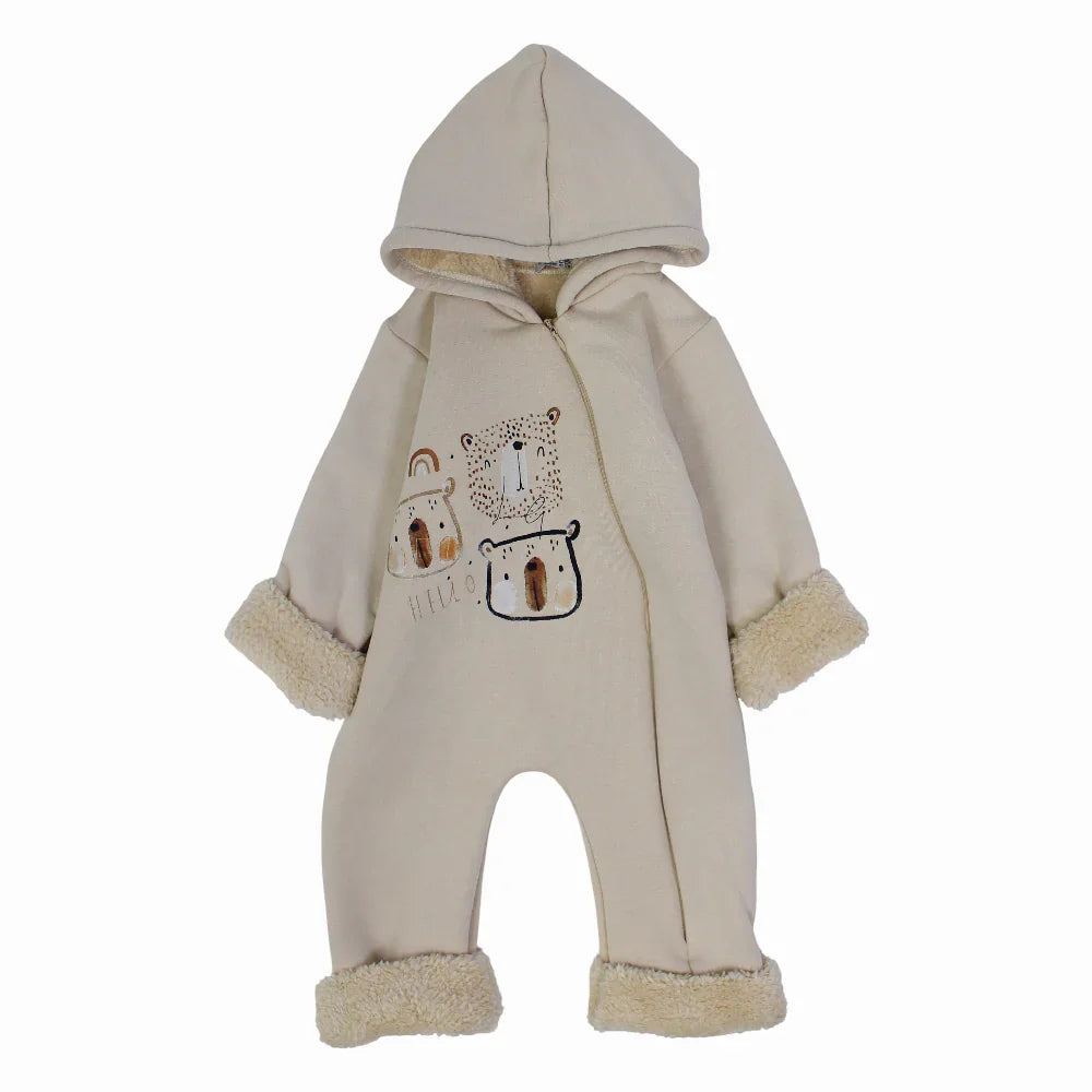 Baby Boys Hooded Overall - Beige with Animals Print
