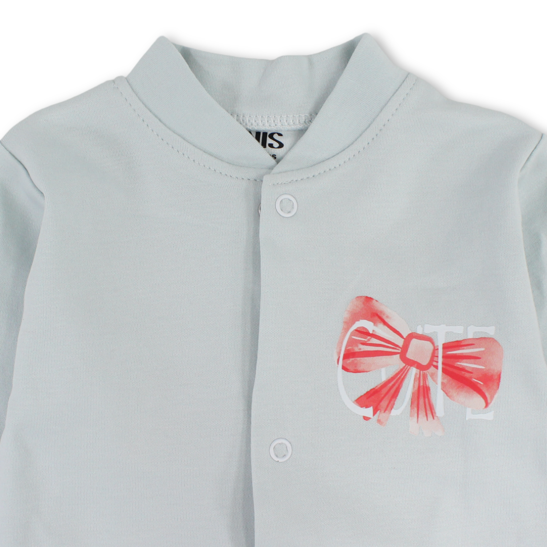 Baby Girls Cotton Footless Onesie – Baby Blue with Bow Print