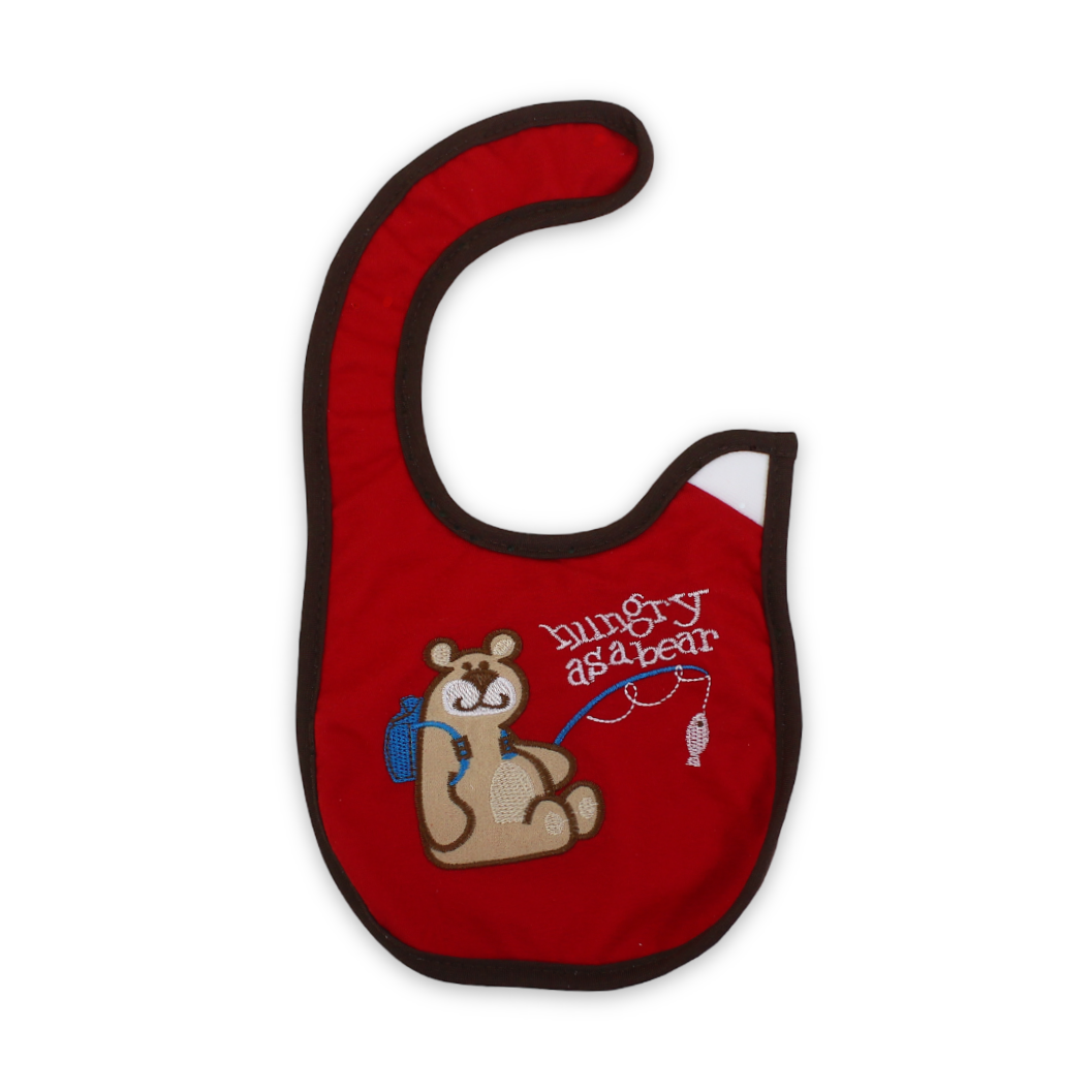 Cotton Baby Bib – Red with Bear Embroidery - Baby Essentials - Bella Bambino