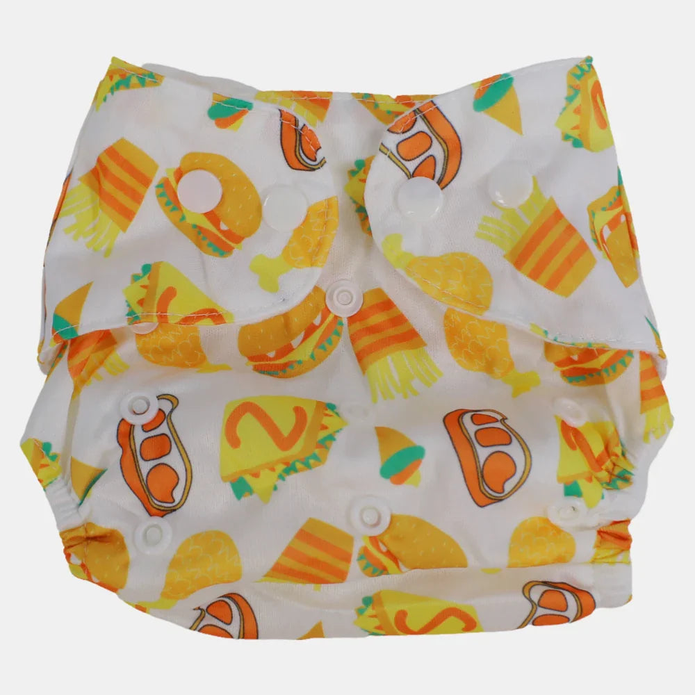 Unisex Baby Reusable Diaper – White with Junk Food Design