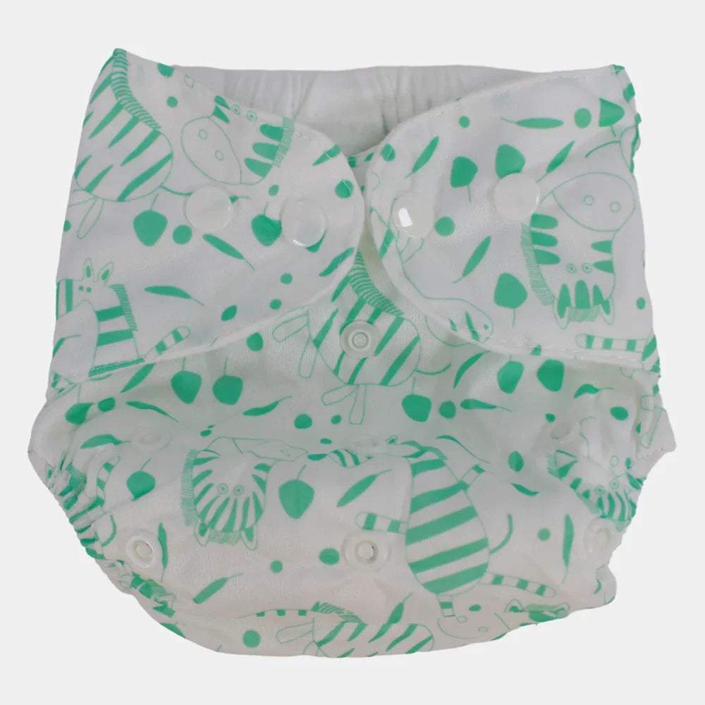 Unisex Baby Reusable Diaper – White with Green Zebra Design