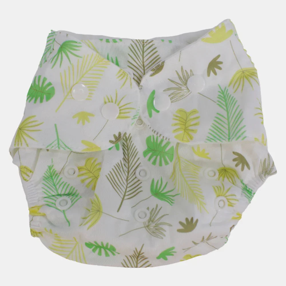 Unisex Baby Reusable Diaper – White with Leaves Design