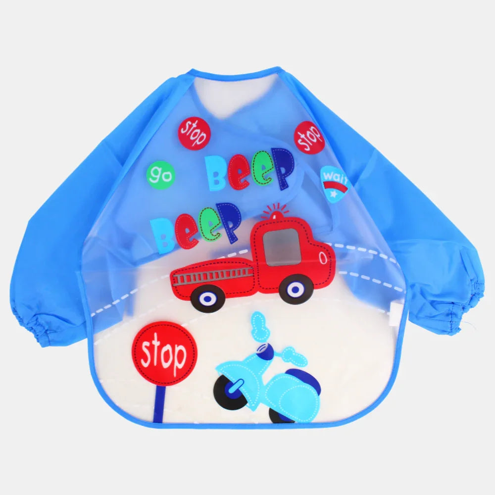 Baby Long-Sleeved Bib – Blue with Red Car “Beep” Design