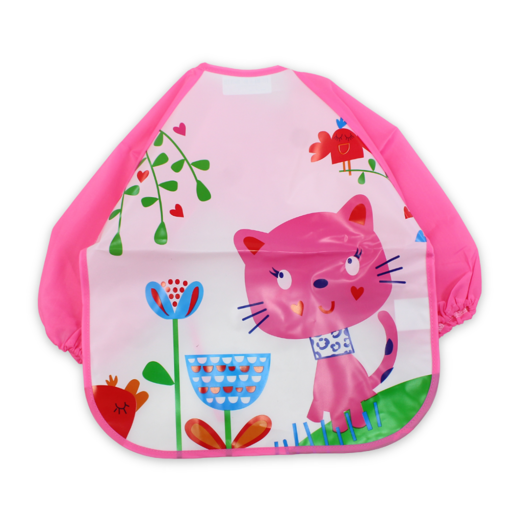 Silicone Long-Sleeved Baby Bib – Pink with Cat Design - Baby Essentials - Bella Bambino