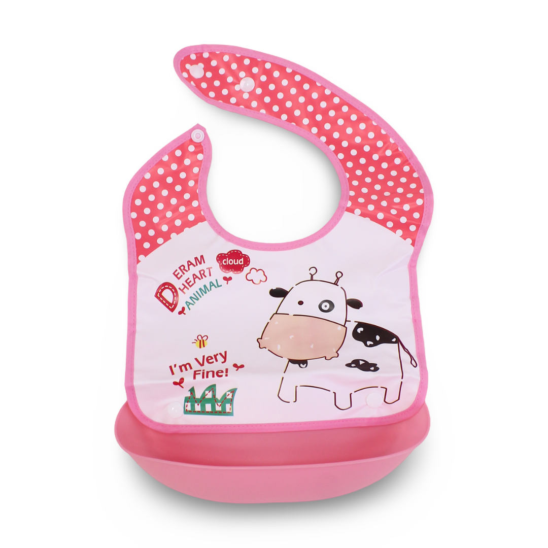 Silicone Baby Bib with Food-Catching Pocket – Pink with Cow Print - Baby Essentials - Bella Bambino