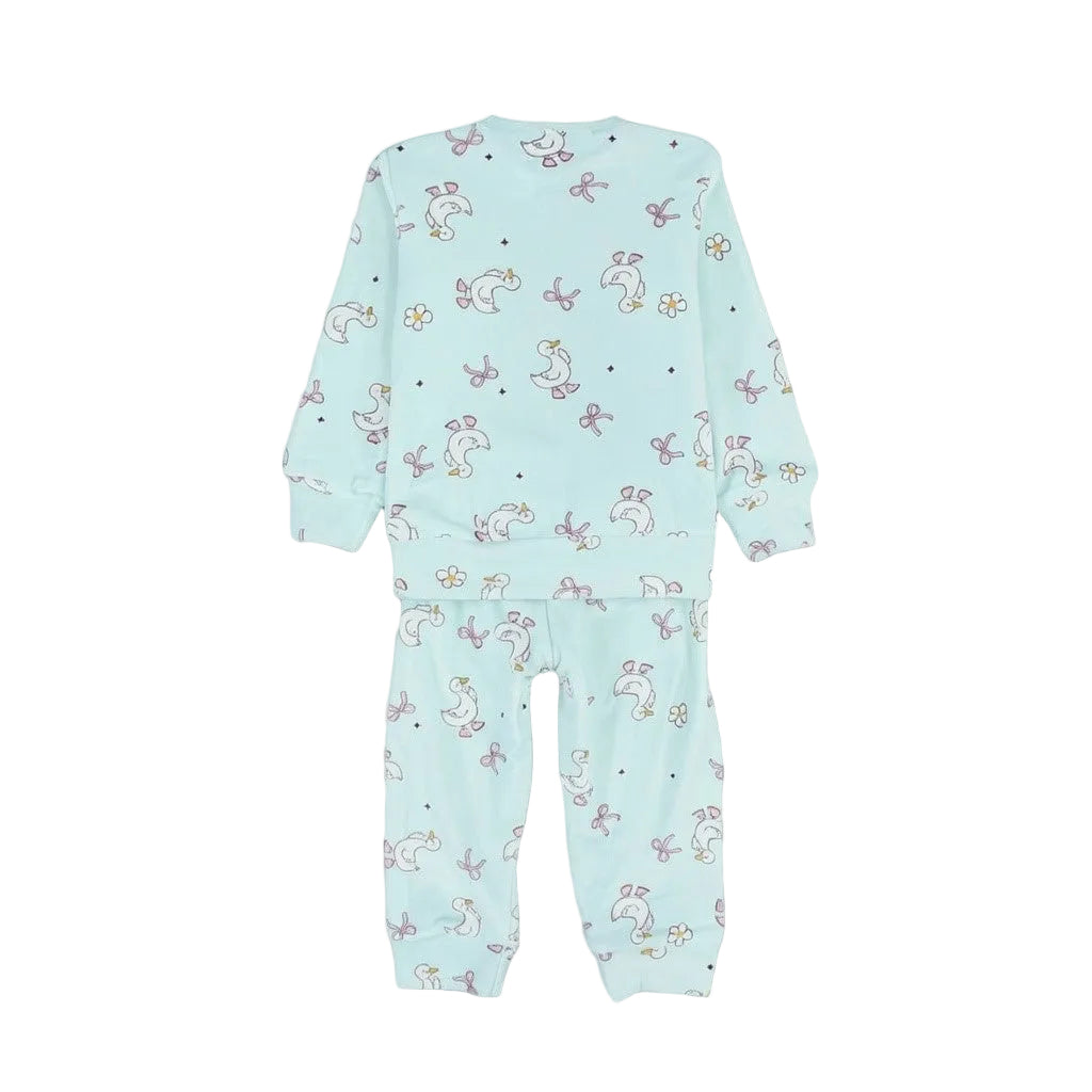 Baby Girls Velvet Pajama – Mint with Ducks Bows Print