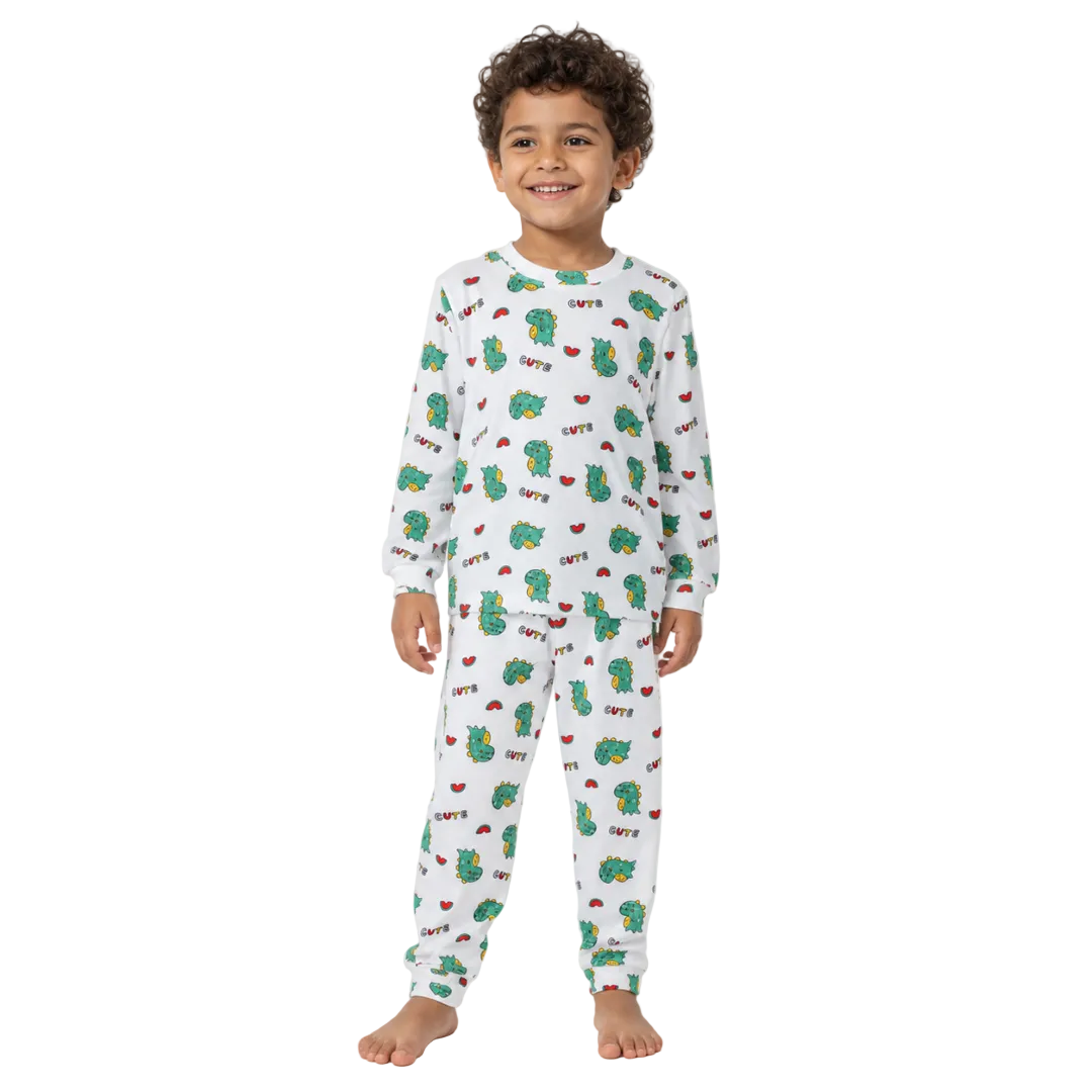 Baby Boys Velvet Pajama – White with Dino Print