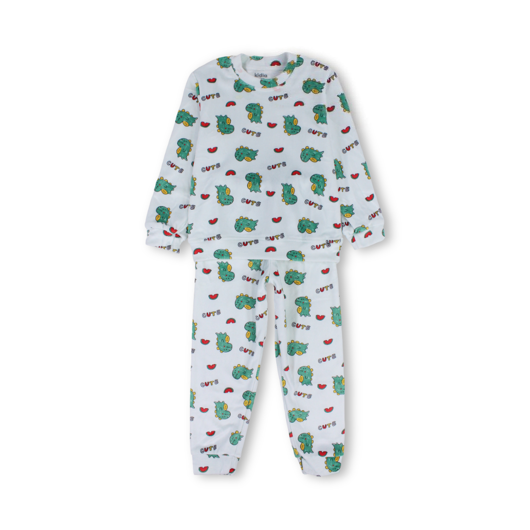 Baby Boys Velvet Pajama – White with Dino Print