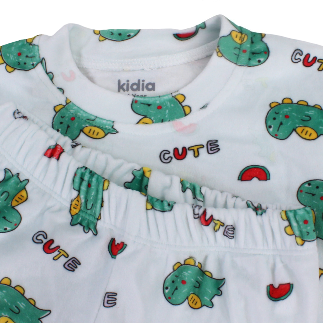 Baby Boys Velvet Pajama – White with Dino Print