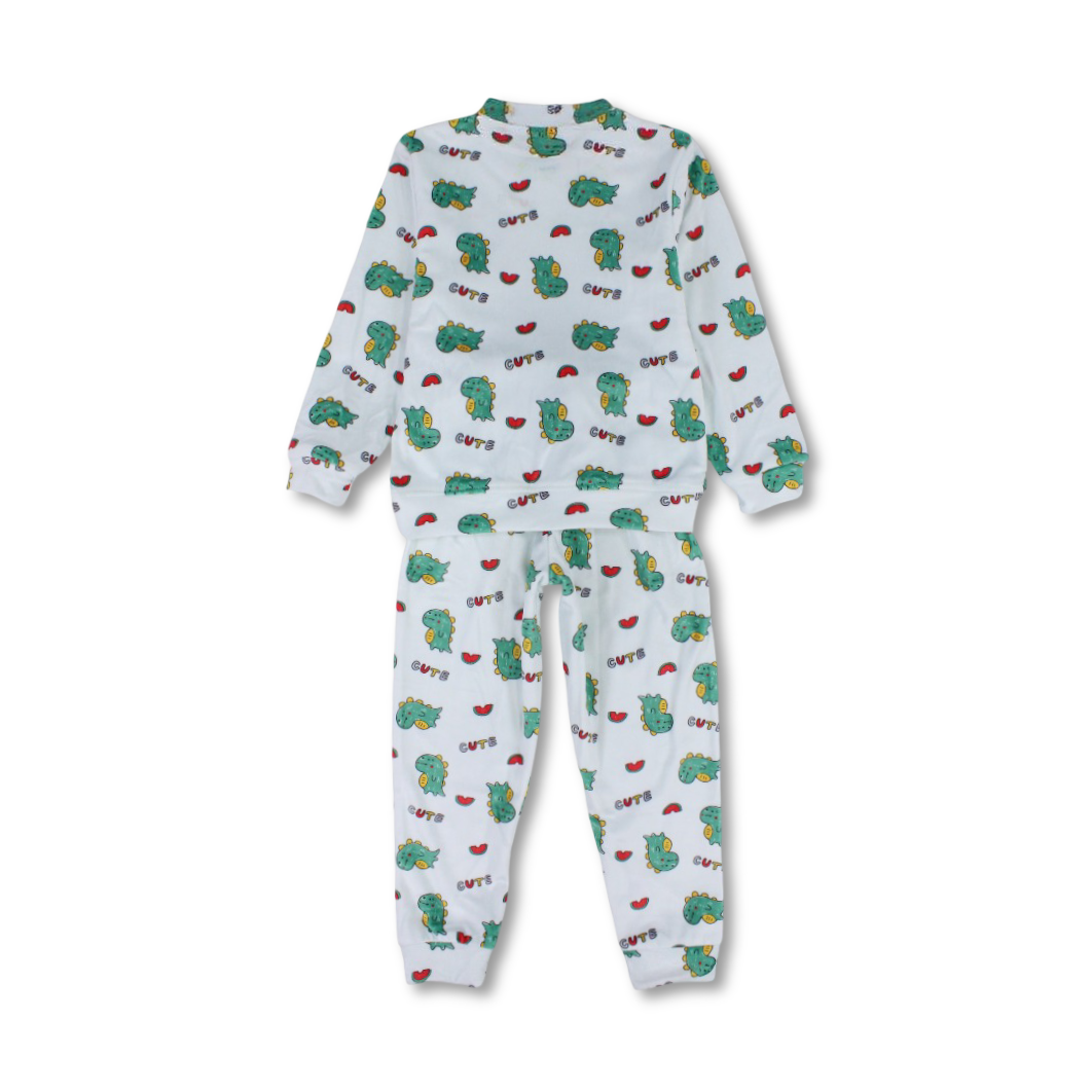 Baby Boys Velvet Pajama – White with Dino Print