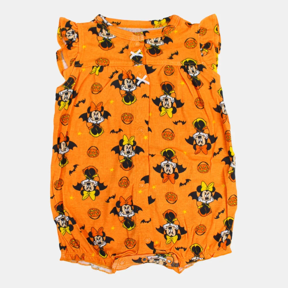 Baby Girls Sleeveless Cotton Romper – Orange with Minnie Mouse Print