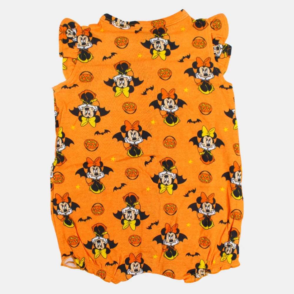 Baby Girls Sleeveless Cotton Romper – Orange with Minnie Mouse Print