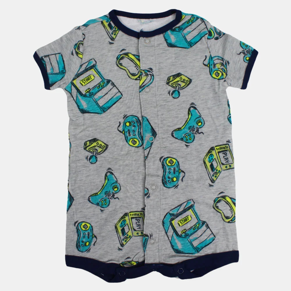 Baby Boys Cotton Romper – Grey with Arcade Games Print