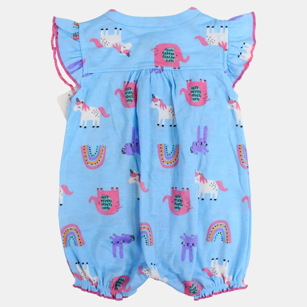 Baby Girls Cotton Romper – Light Blue with Unicorn & Elephant Print