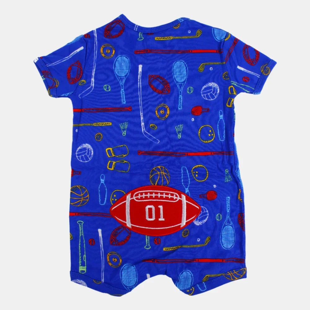 Baby Boys Cotton Romper – Blue with Sports Print