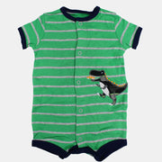 Baby Boys Cotton Romper – Green Striped with Dinosaur Print