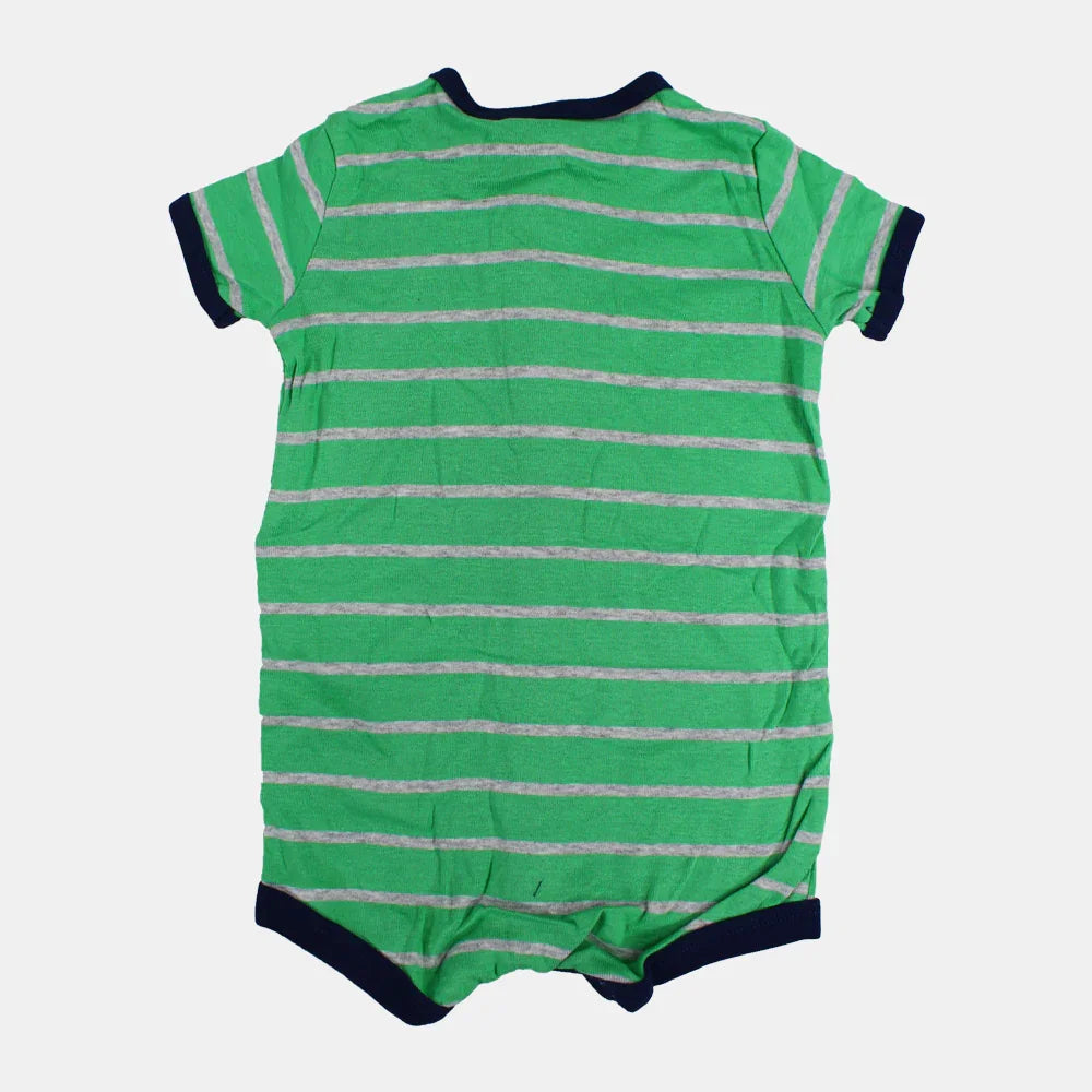 Baby Boys Cotton Romper – Green Striped with Dinosaur Print