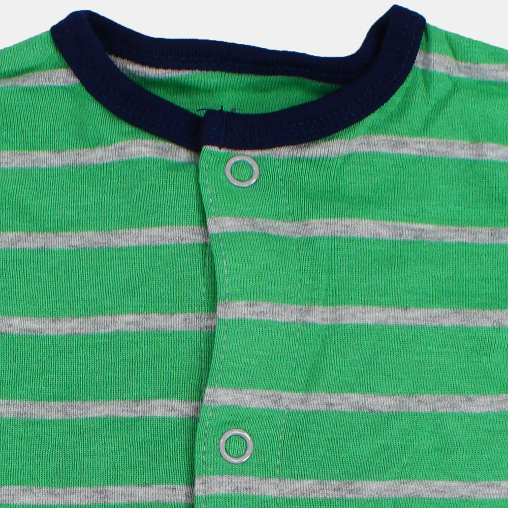 Baby Boys Cotton Romper – Green Striped with Dinosaur Print