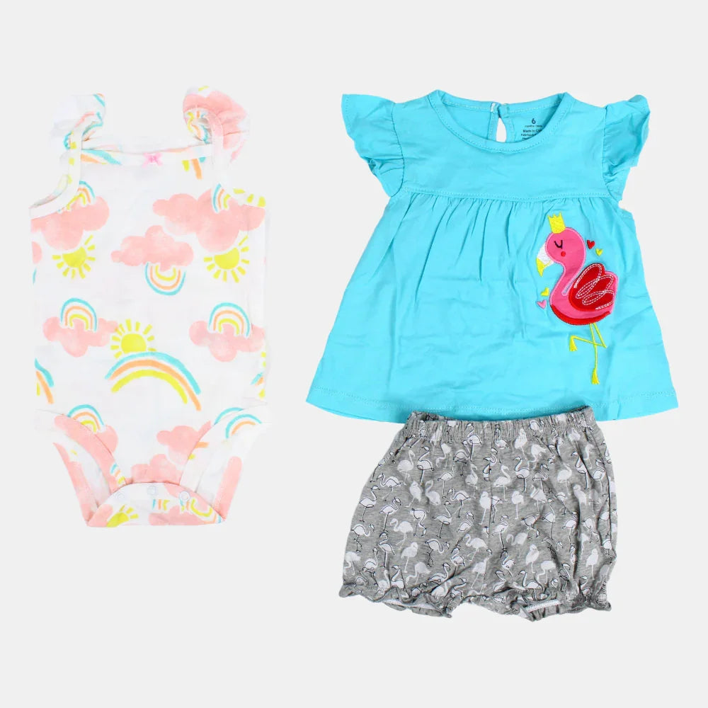 Baby Girls Aqua Flamingo-Themed 3-Piece Cotton Outfit Set - Clothing - Cherries