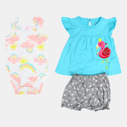 Baby Girls Aqua Flamingo-Themed 3-Piece Cotton Outfit Set