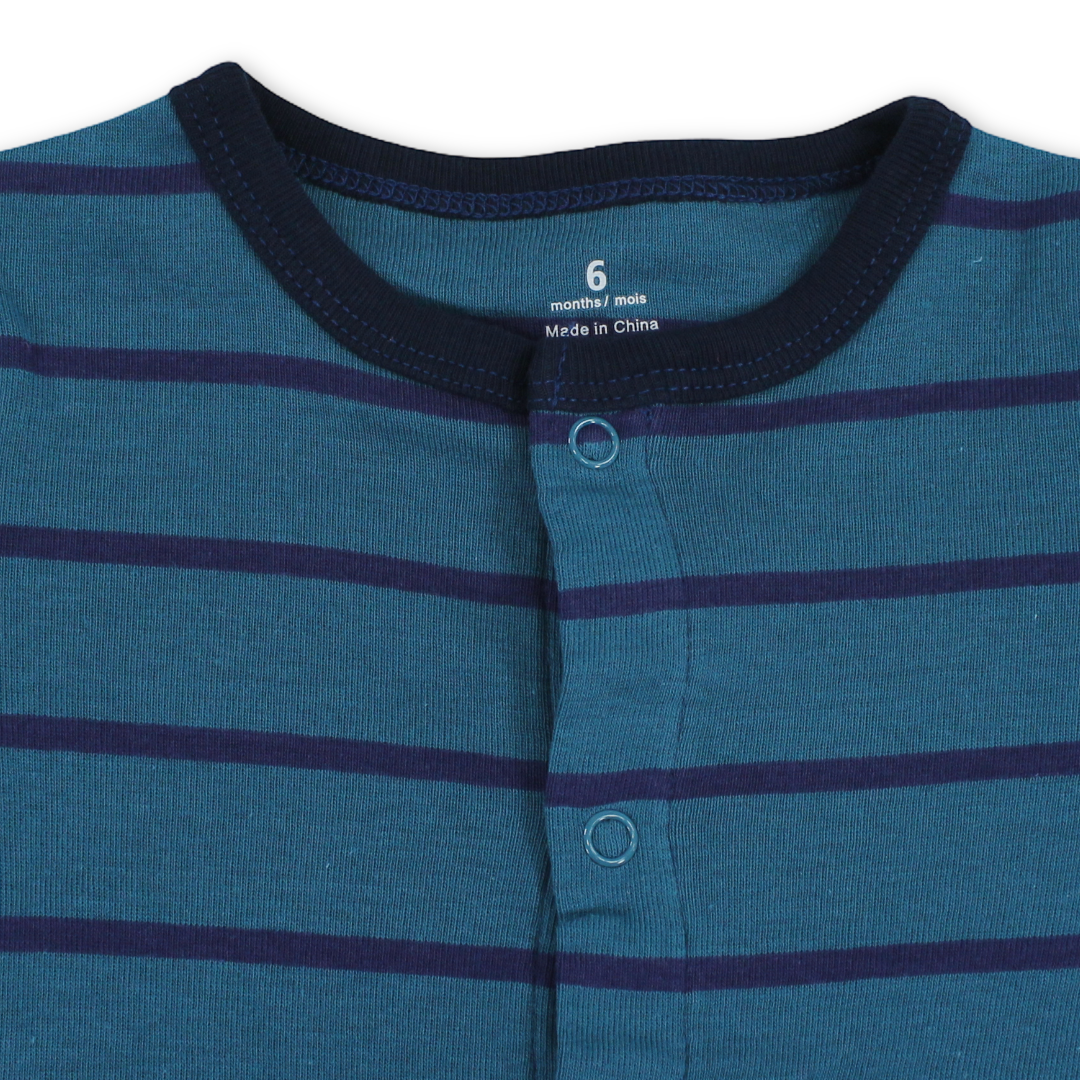 Baby Boys Cotton Romper – Striped Blue with Truck Embroidery