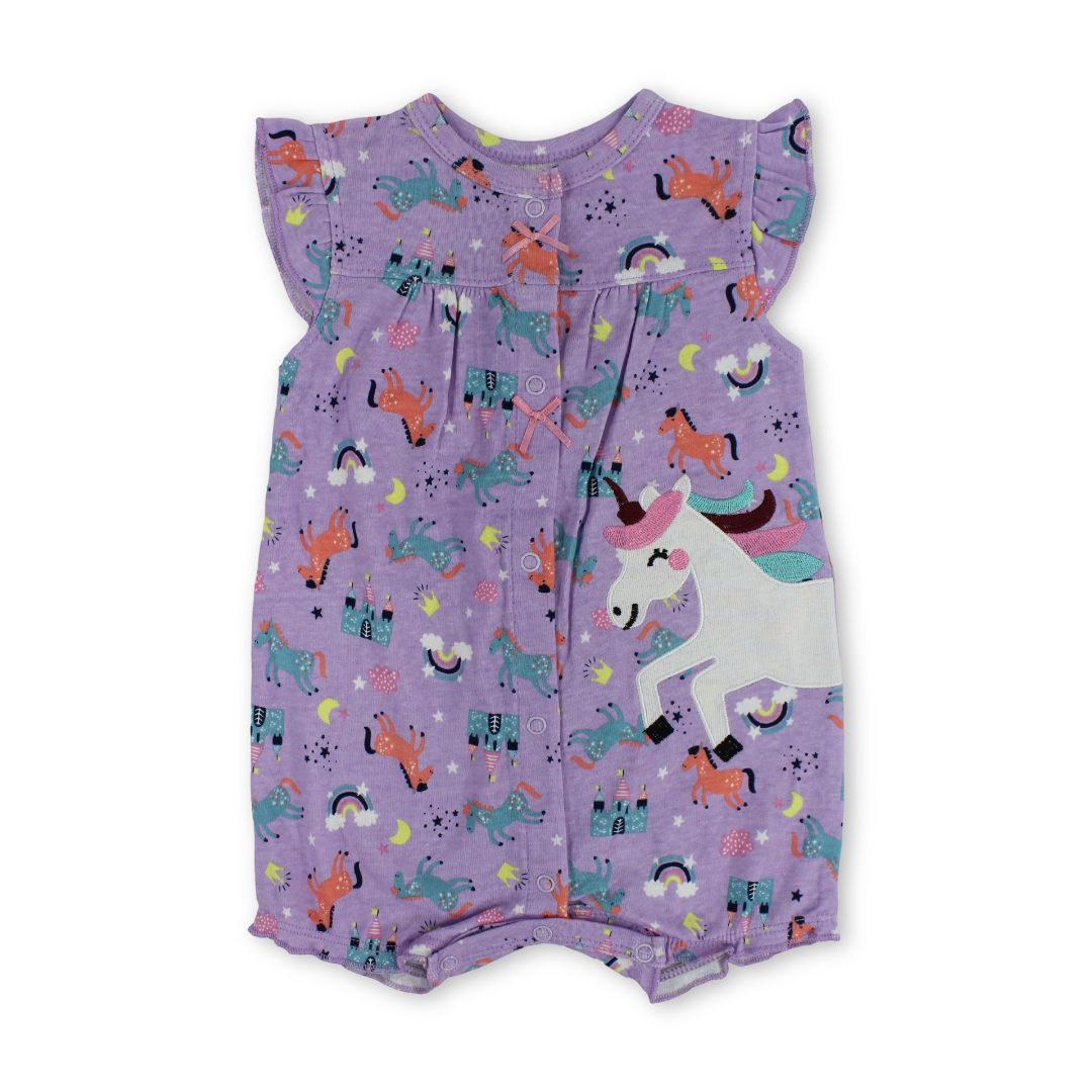 Baby Girls Cotton Romper – Purple with Unicorn Embroidery - Clothing - Cherries