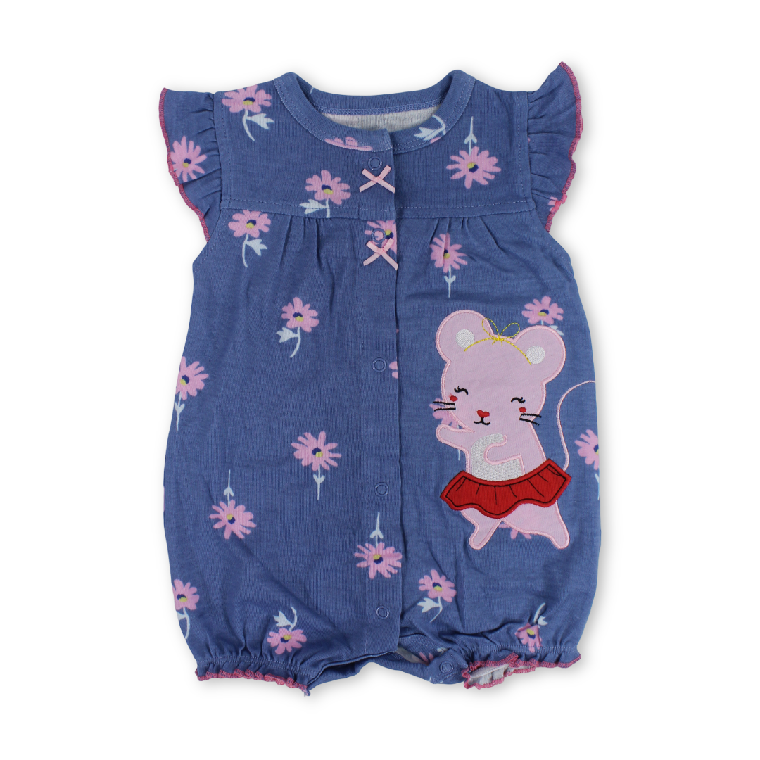 Baby Girls Cotton Romper – Indigo with Mouse Embroidery - Clothing - Cherries