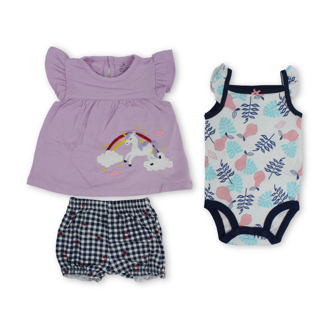 Baby Girls Cotton 3-Piece Outfit Set – Purple with Unicorn Embroidery - Clothing - Cherries