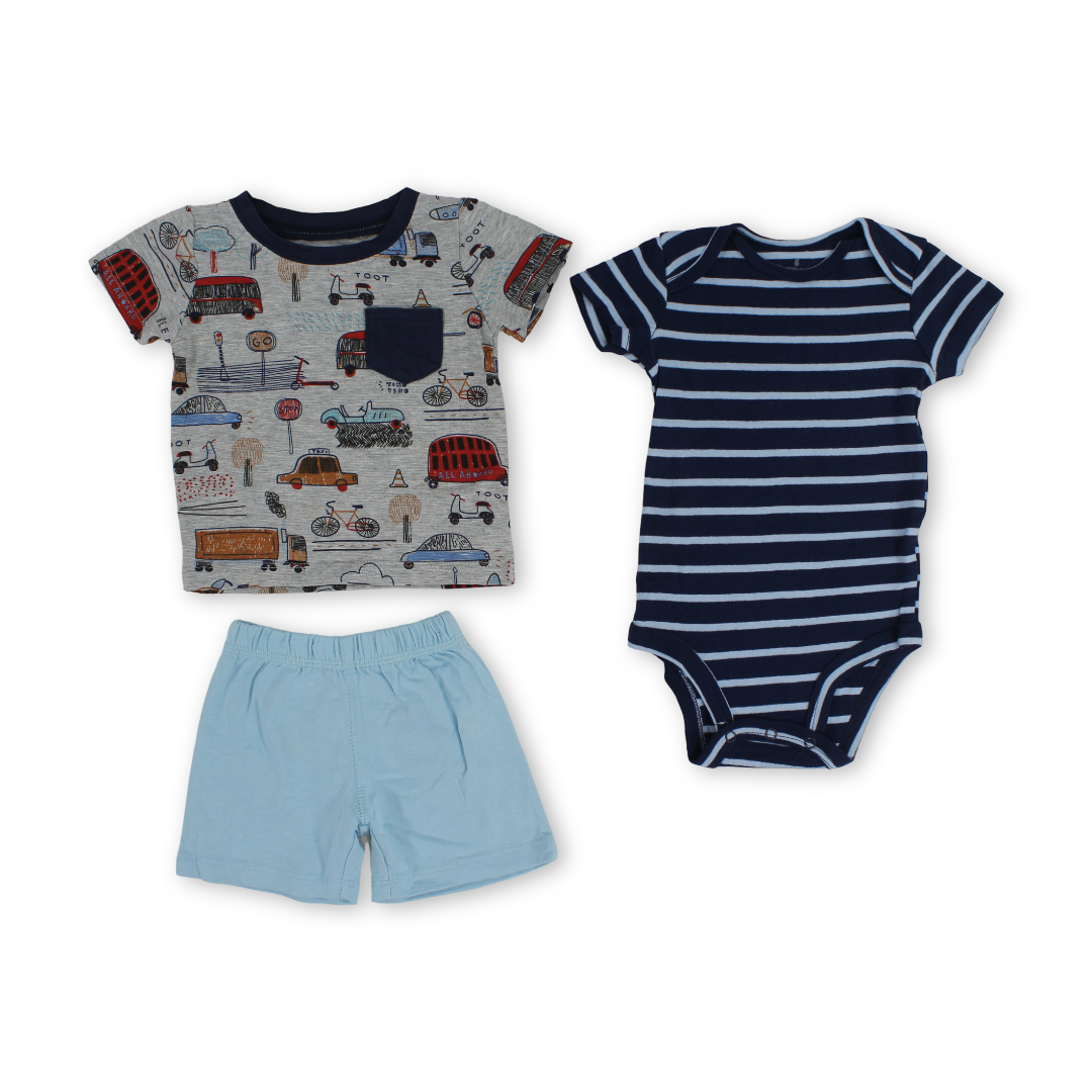Baby Boys Cotton 3-Piece Outfit Set – Navy with Cars Print - Clothing - Cherries