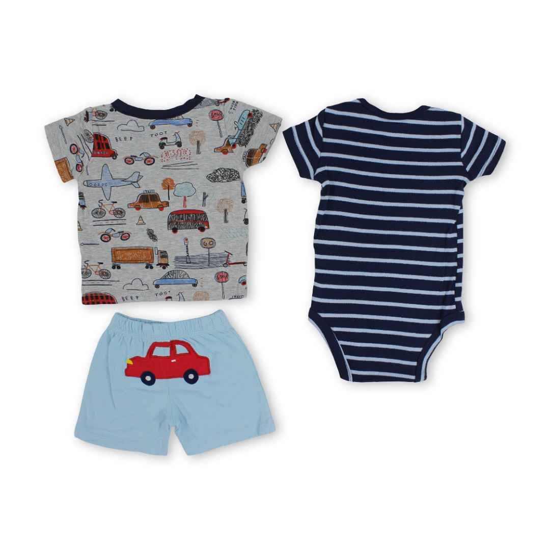 Baby Boys Cotton 3-Piece Outfit Set – Navy with Cars Print