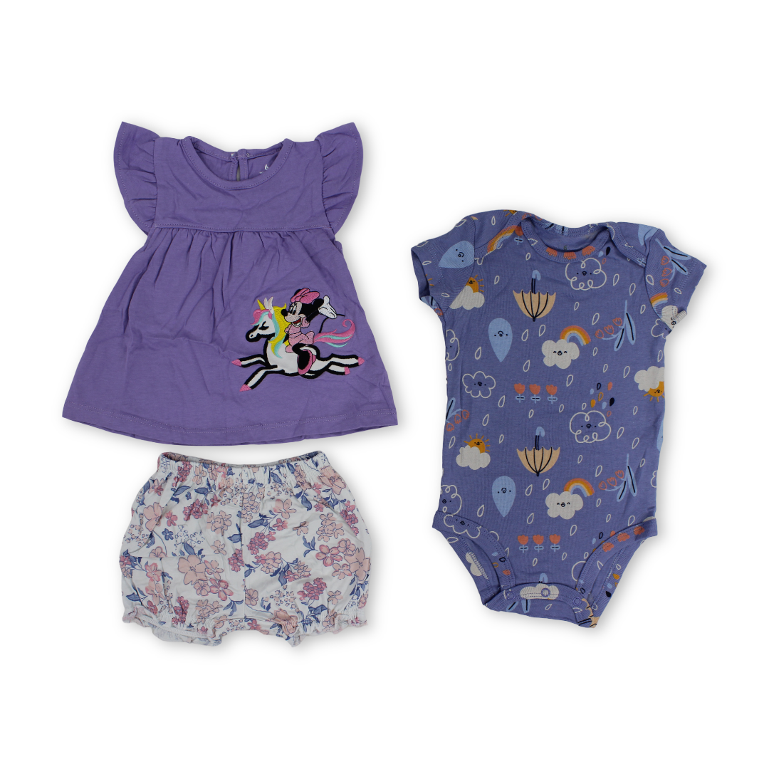 Baby Girls Cotton 3-Piece Outfit Set – Purple with Unicorn & Mini Mouse Embroidery - Cherries
