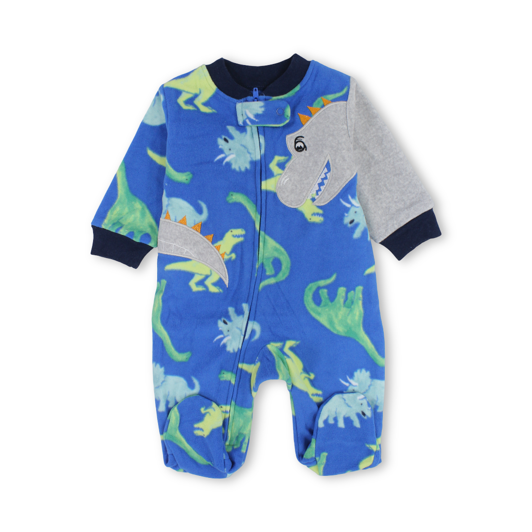 Baby Boys Velvet Baby Footie Onesie – Blue with Dino Embroidery