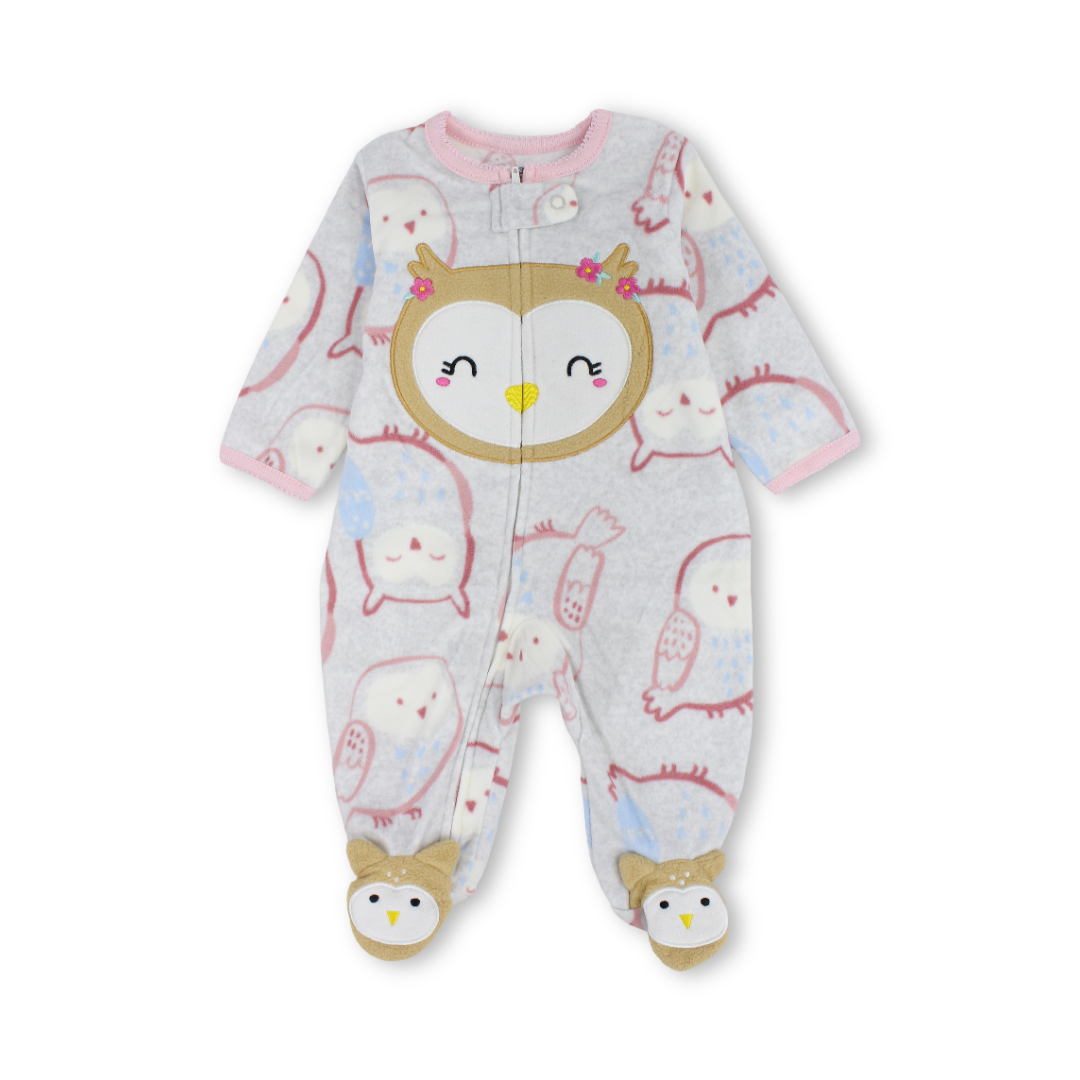 Baby Girls Velvet Baby Footie – Grey with Owl Embroidery