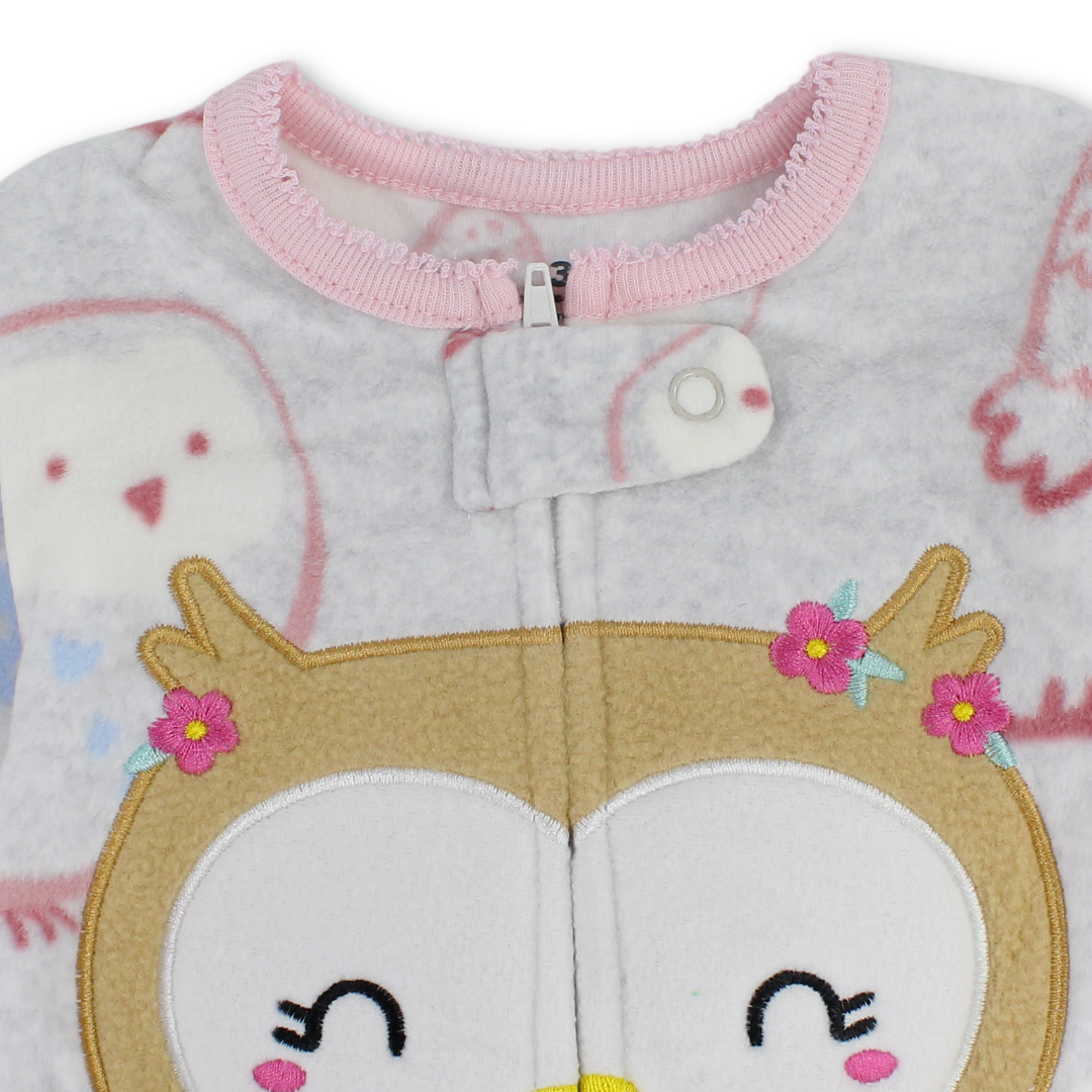 Baby Girls Velvet Baby Footie – Grey with Owl Embroidery