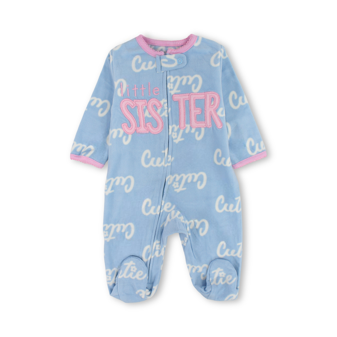 Baby Girls Velvet Baby Footie – Baby Blue with "Little Sister" Embroidery