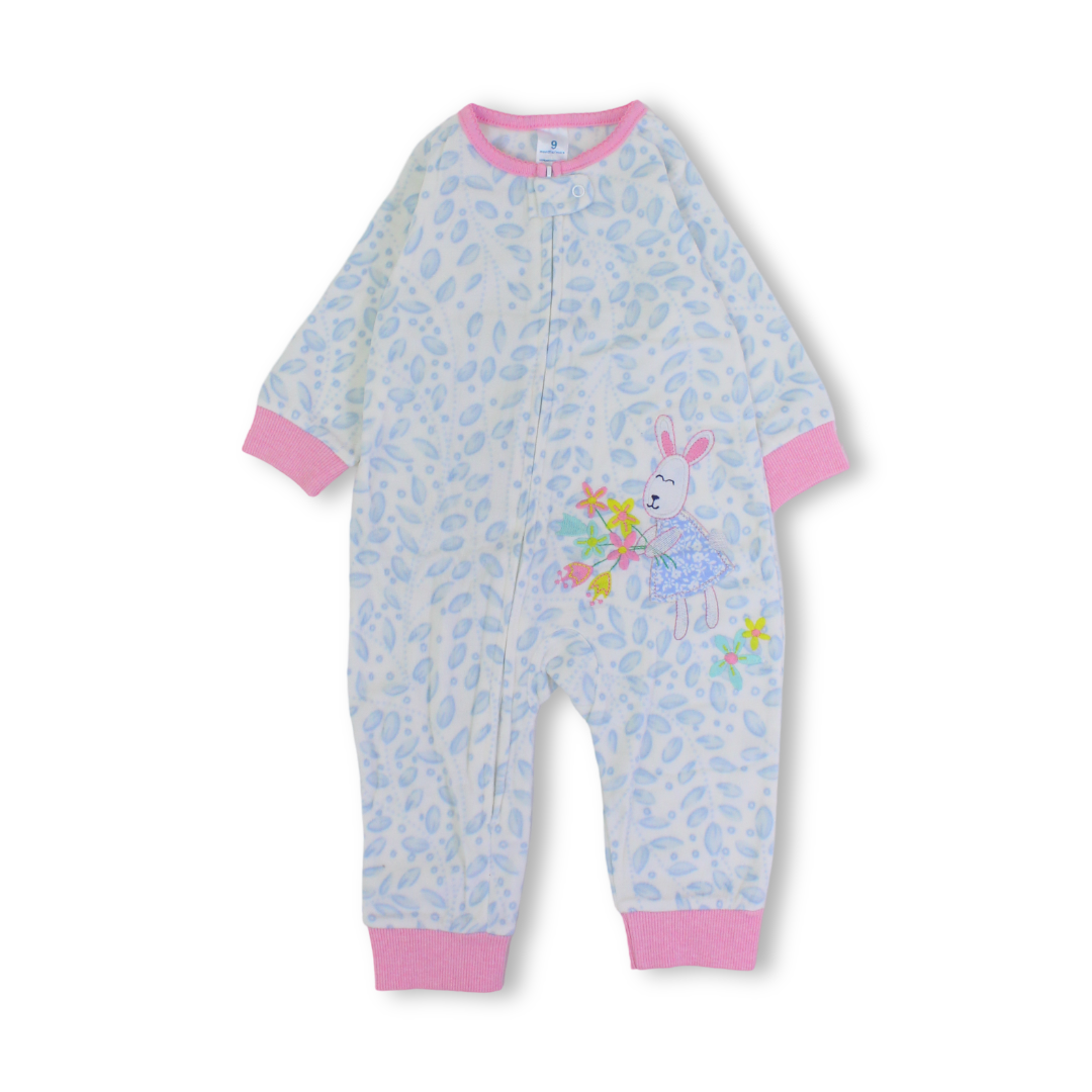 Baby Girls Velvet Footless Onesie – Off-White with Bunny Holding Bouquet Design