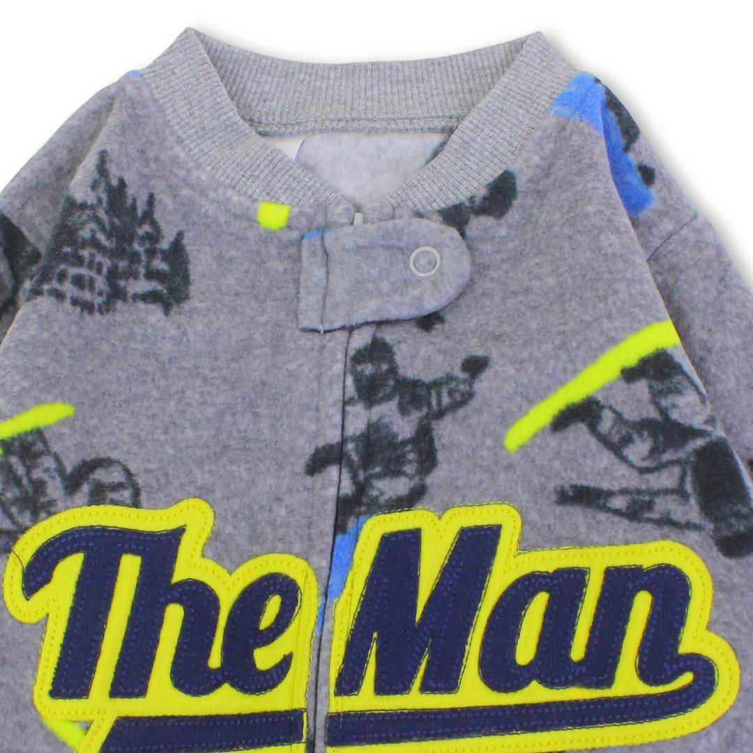 Baby Boys Velvet Footless Onesie – Grey with "The Man" Design