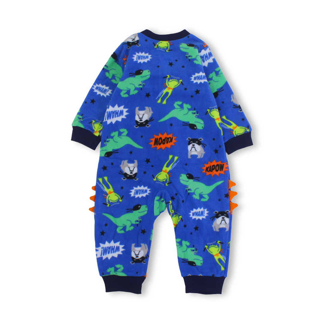 Baby Boys Velvet Footless Onesie – Blue with Dino Design