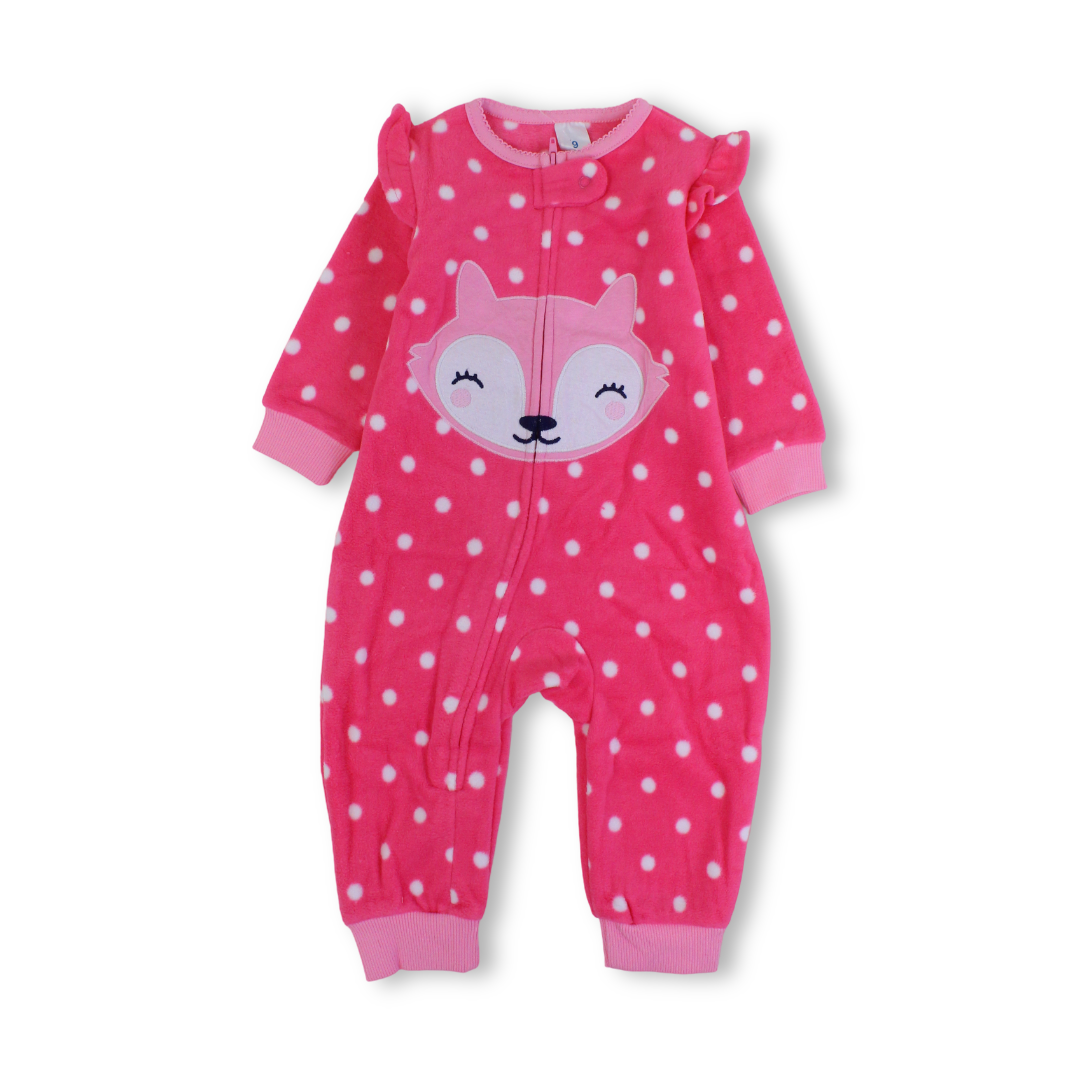 Baby Girls Velvet Footless Onesie – Fuchsia with Fox Print