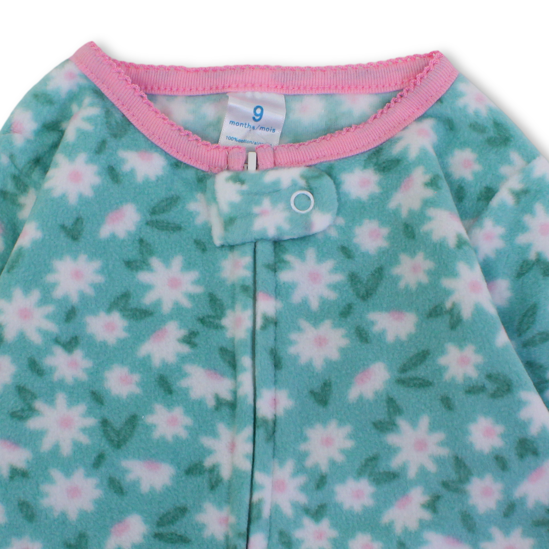Baby Girls Velvet Footless Onesie – Mint with Cat & Flamingo Design
