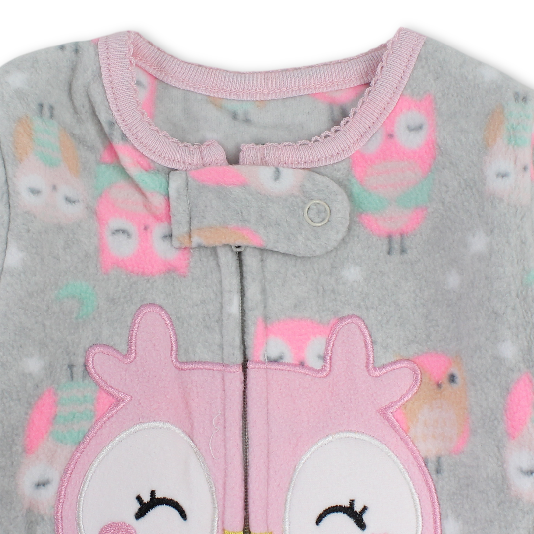 Baby Girls Velvet Footless Onesie – Grey with Owl Embroidery