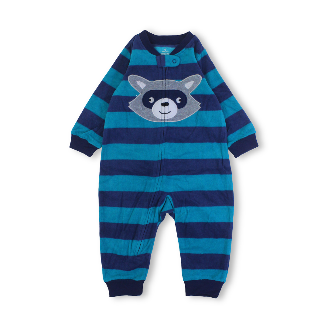Baby Boys Velvet Footless Onesie – Striped Turquoise with Fox Design