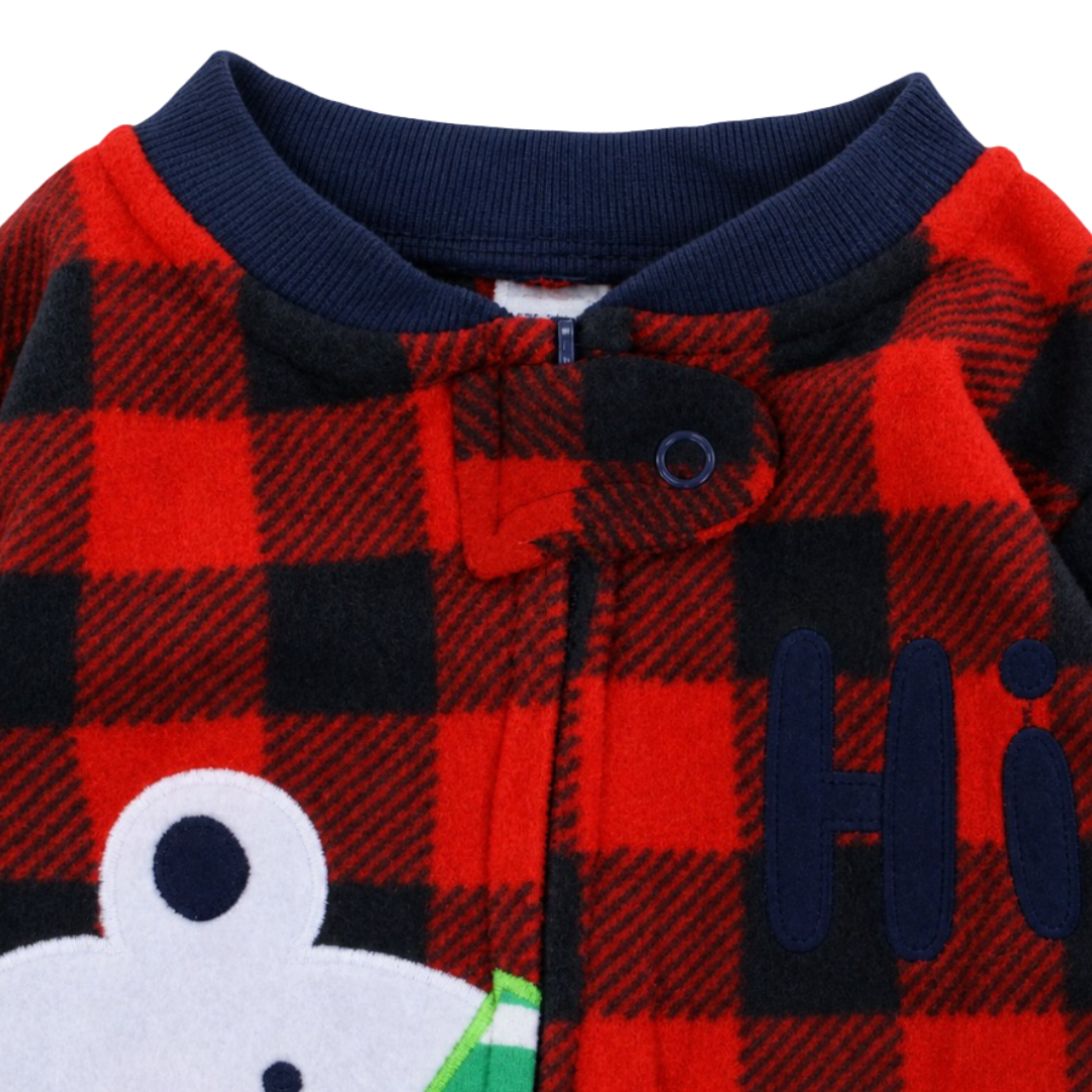 Baby Boys Velvet Footless Onesie – Red with Check Pattern