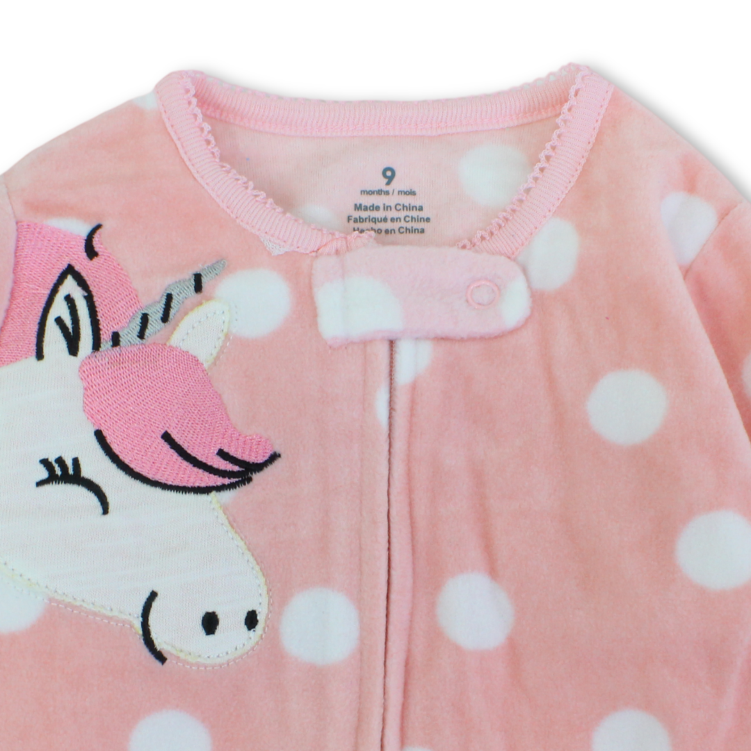 Baby Girls Velvet Footless Onesie – Pink with Unicorn Design